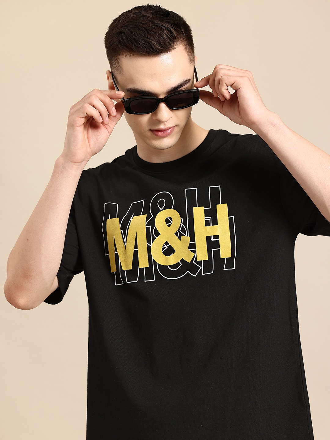 

Mast & Harbour Men Brand Logo Printed Oversized Drop-Shoulder Sleeves T-shirt, Black