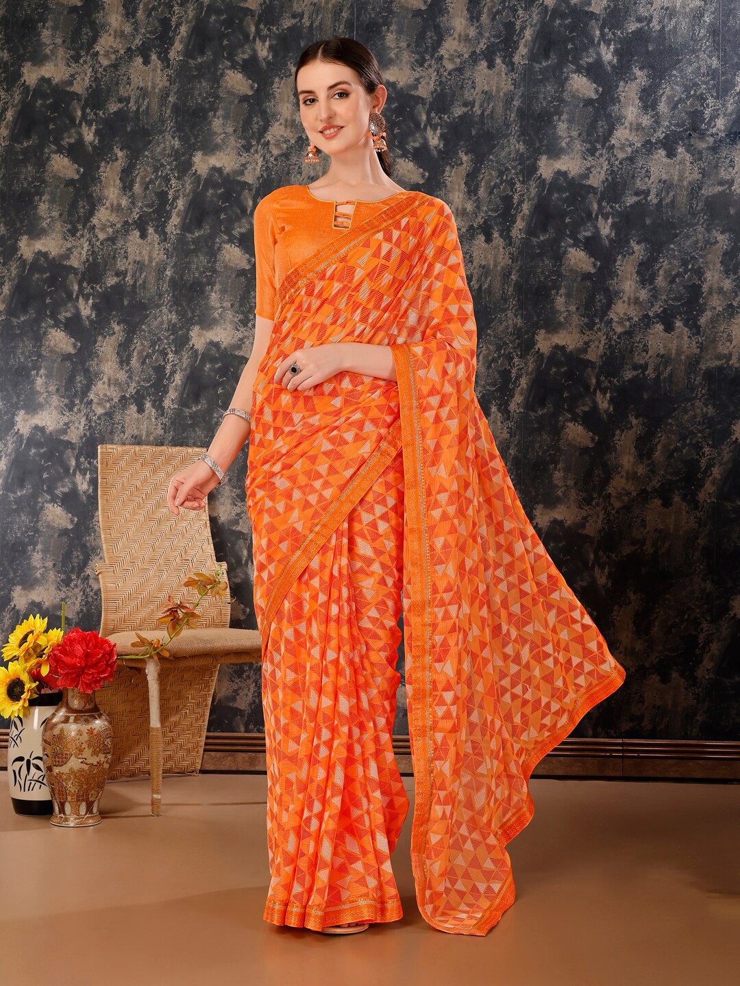 

Indian Women Geometric Printed Saree, Orange