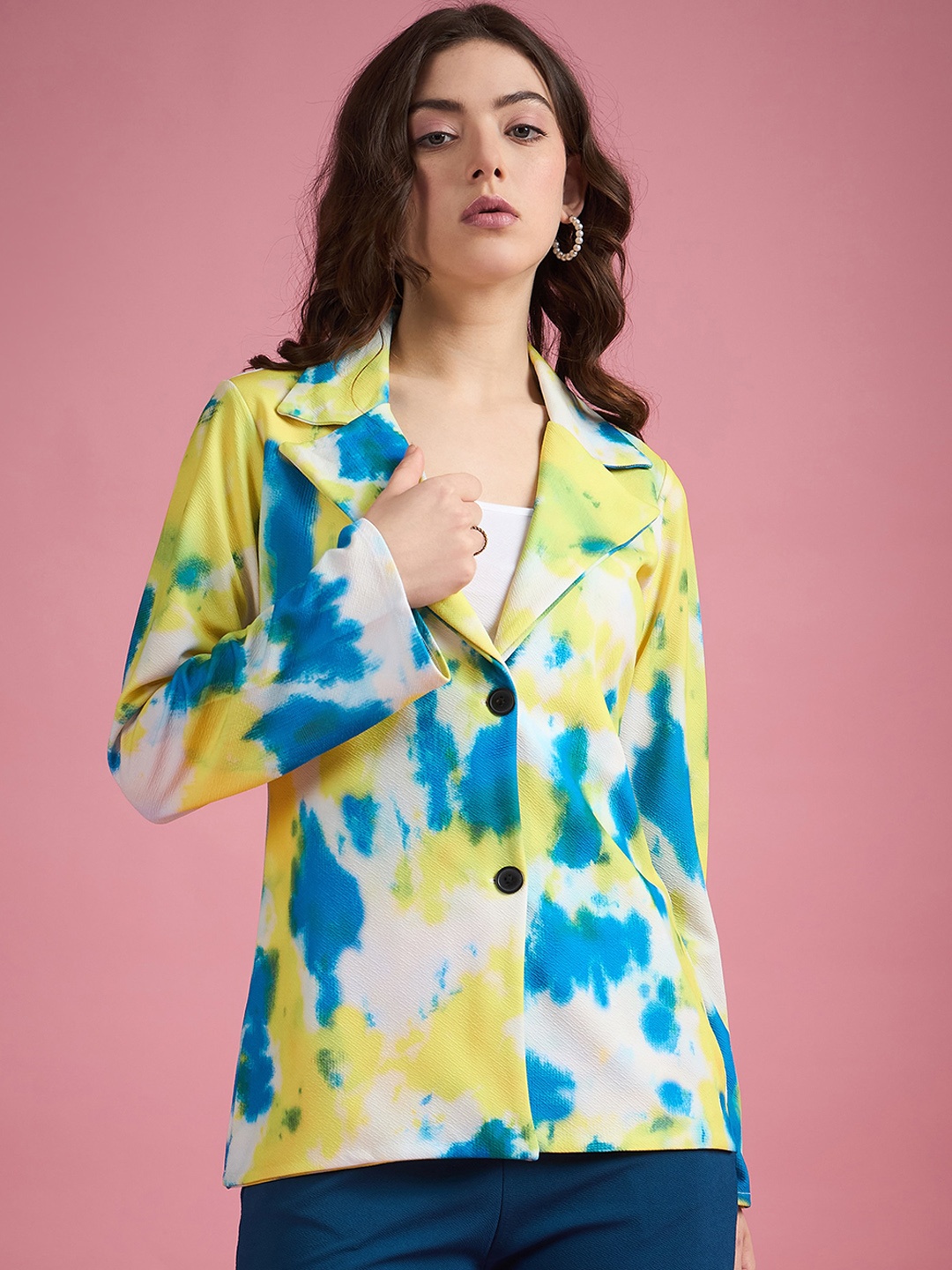 

DressBerry Yellow Printed Notched Lapel Single-Breasted Blazer