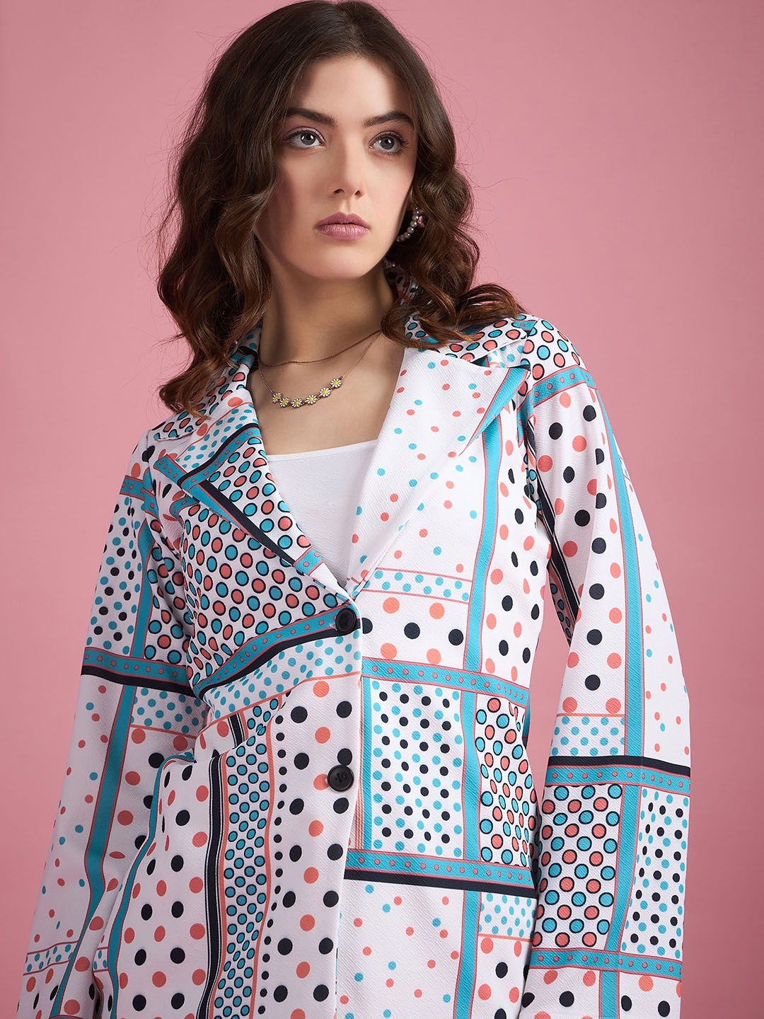 

DressBerry Turquoise Blue Geometric Printed Notched Lapel Collar Single Breasted Blazer