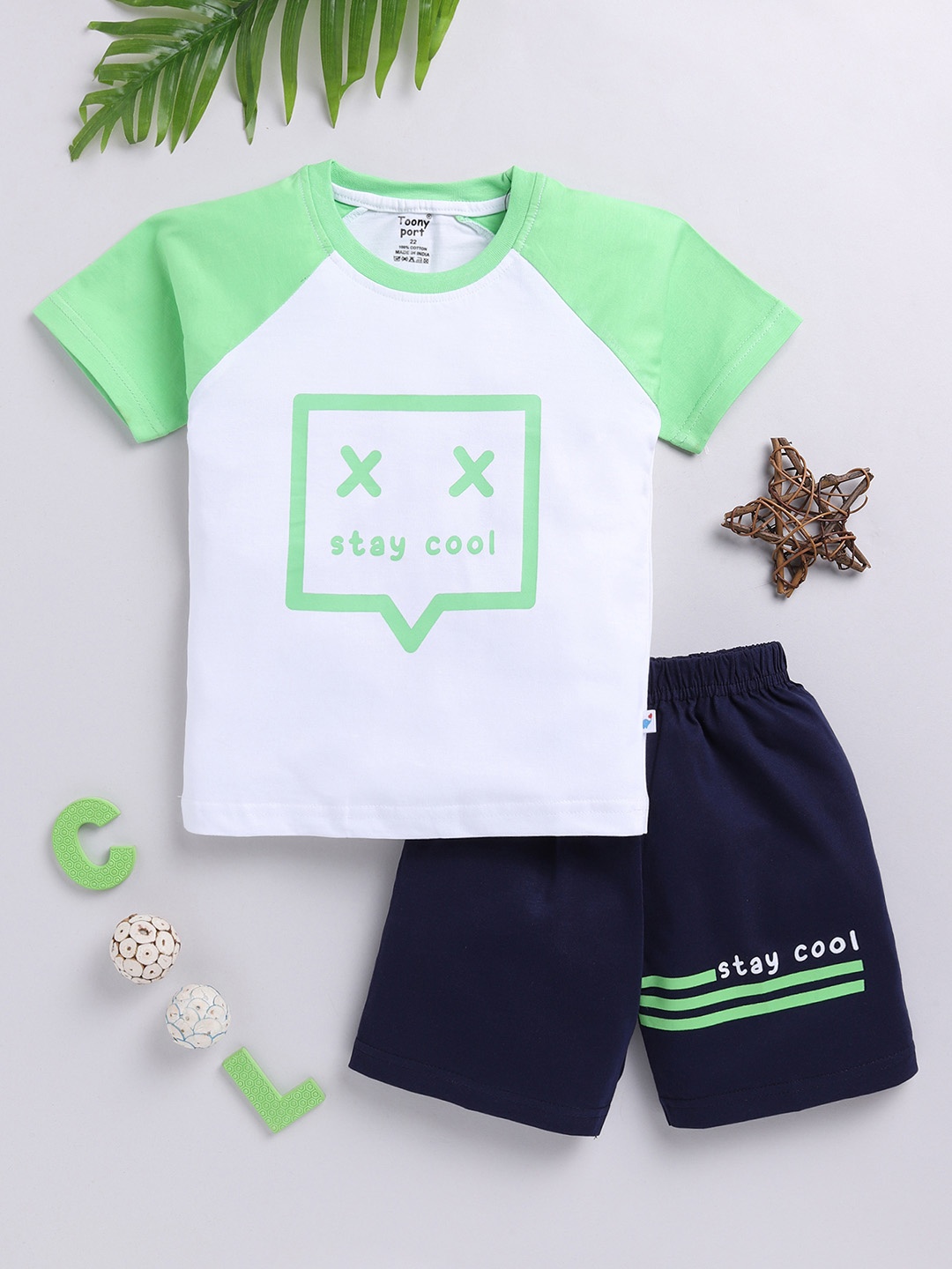 Toonyport Boys Printed Pure Cotton T-shirt with Shorts, Green
