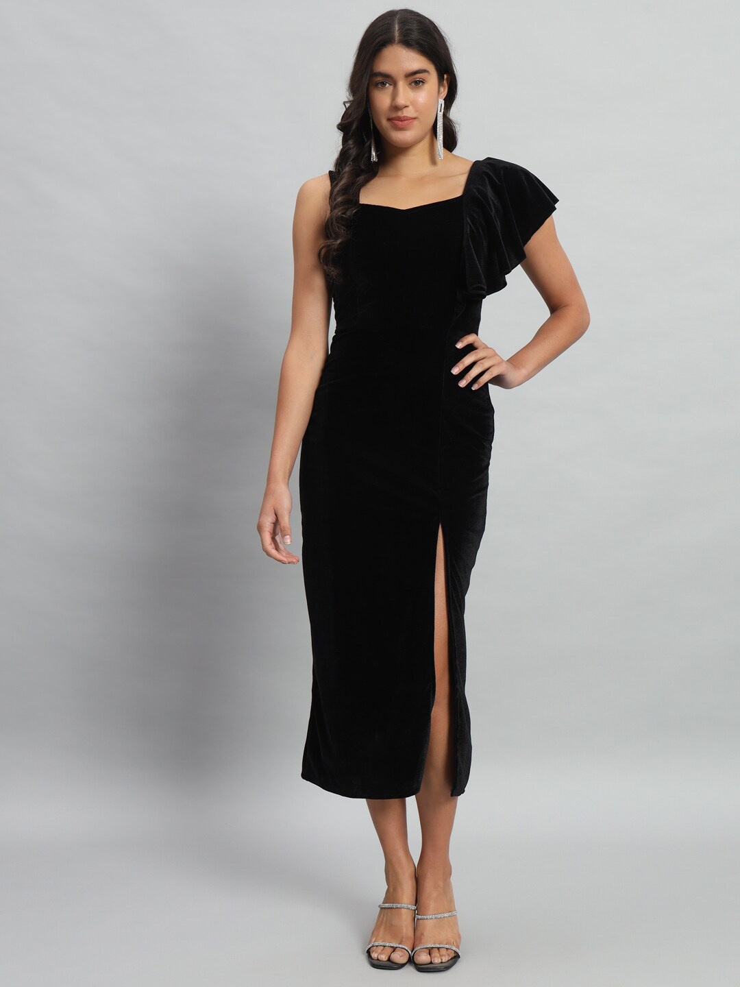 

VAARARO Shoulder Straps Velvet Ruffles Bodycon Midi Dress, Black