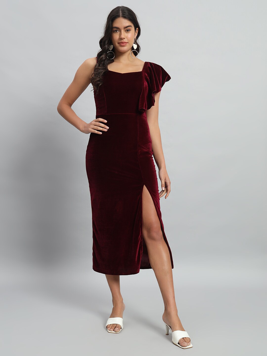 

VAARARO Shoulder Straps Velvet Ruffles Bodycon Midi Dress, Maroon