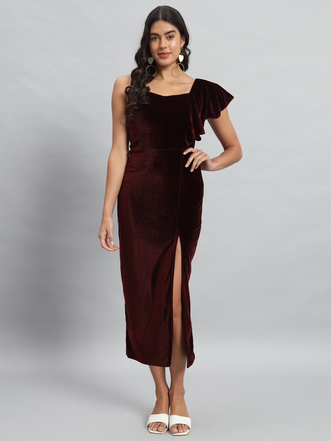 

VAARARO Shoulder Straps Velvet Ruffles Bodycon Midi Dress, Red