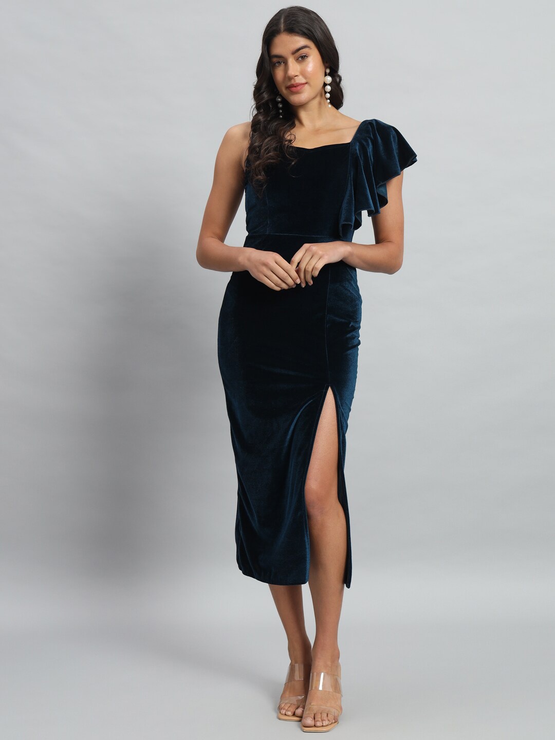 

VAARARO Shoulder Straps Velvet Ruffles Bodycon Midi Dress, Blue