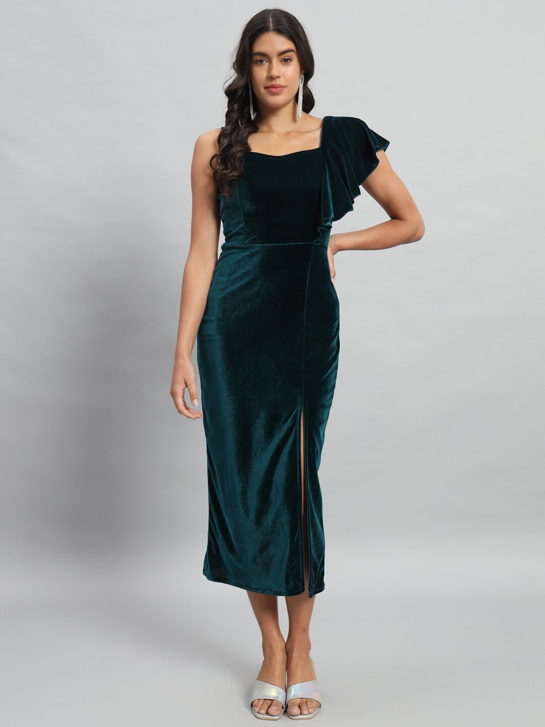 

VAARARO Shoulder Straps Velvet Ruffles Bodycon Midi Dress, Green