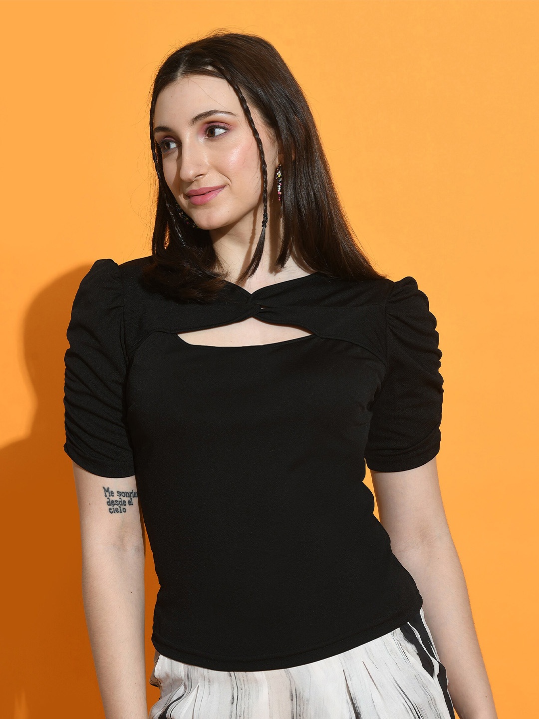 

Moshe Round Neck Puff Sleeve Cut Outs Top, Black