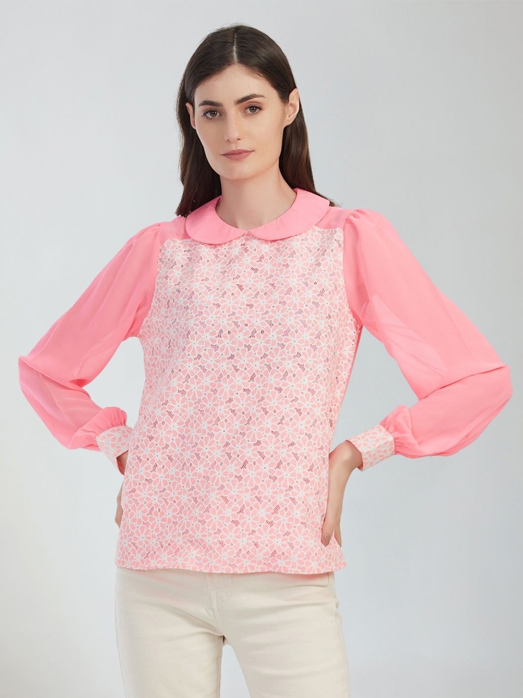 

Moda Elementi Floral Printed Peter Pan Collar Top, Pink