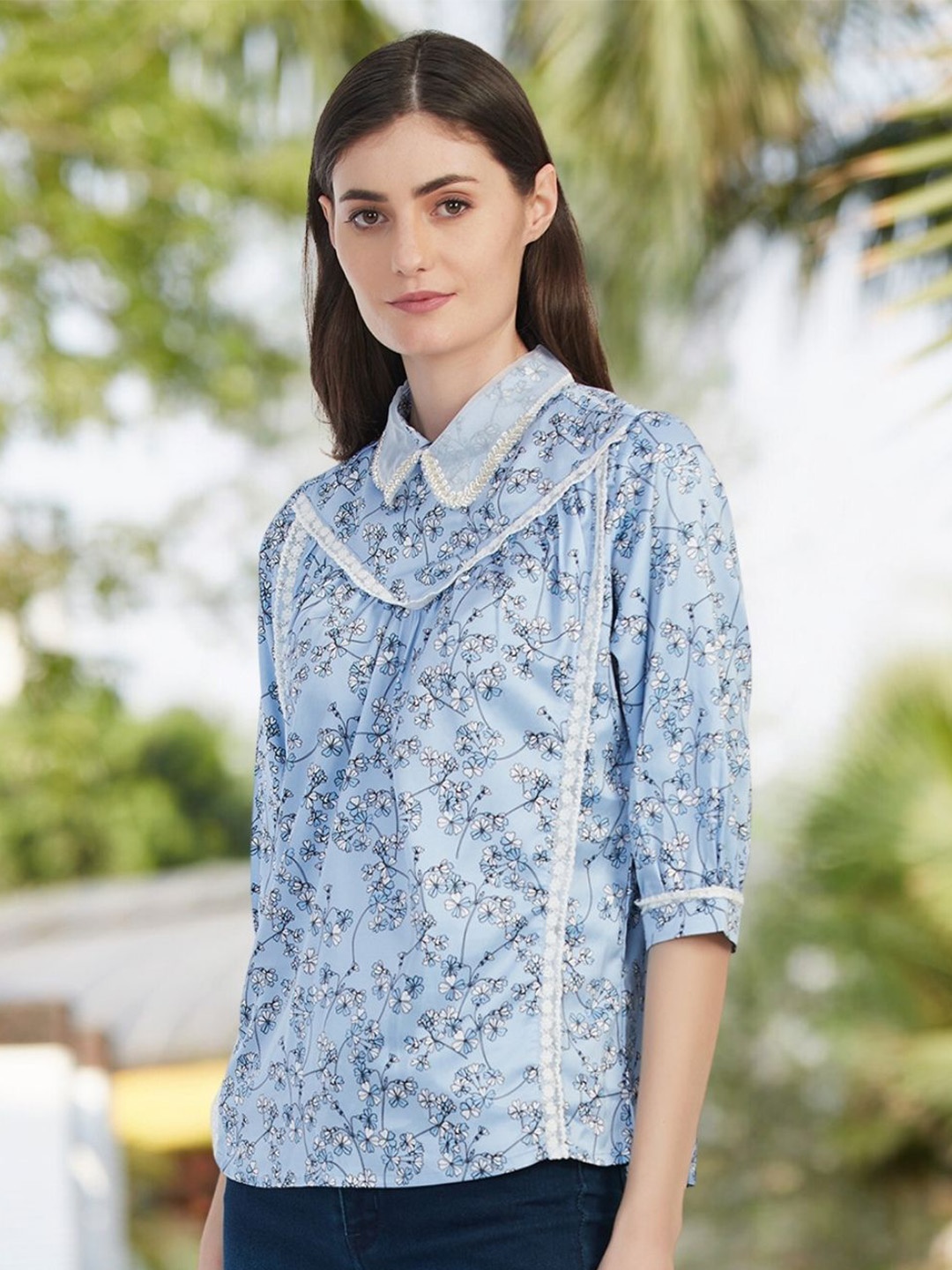 

Moda Elementi Floral Printed Shirt Style Top, Blue