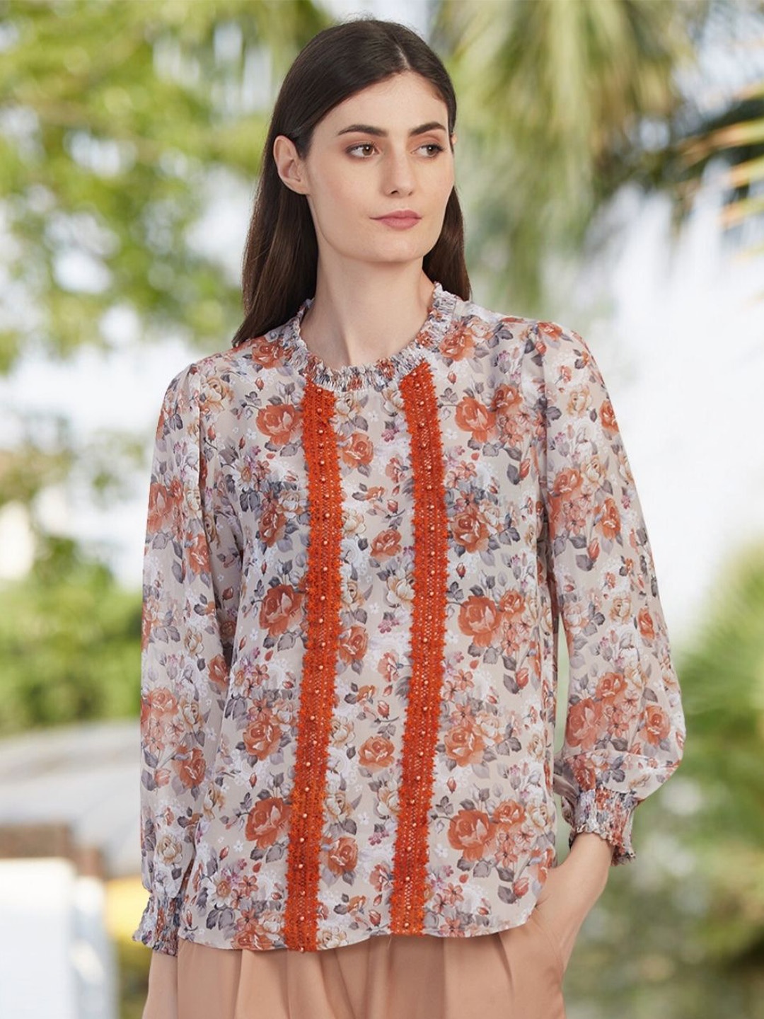 

Moda Elementi Floral Printed Mandarin Collar Top, Brown