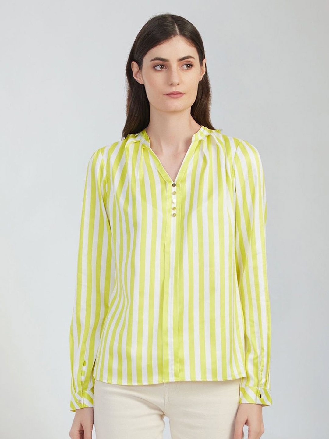 

Moda Elementi Striped Mandarin Collar Shirt Style Top, Yellow