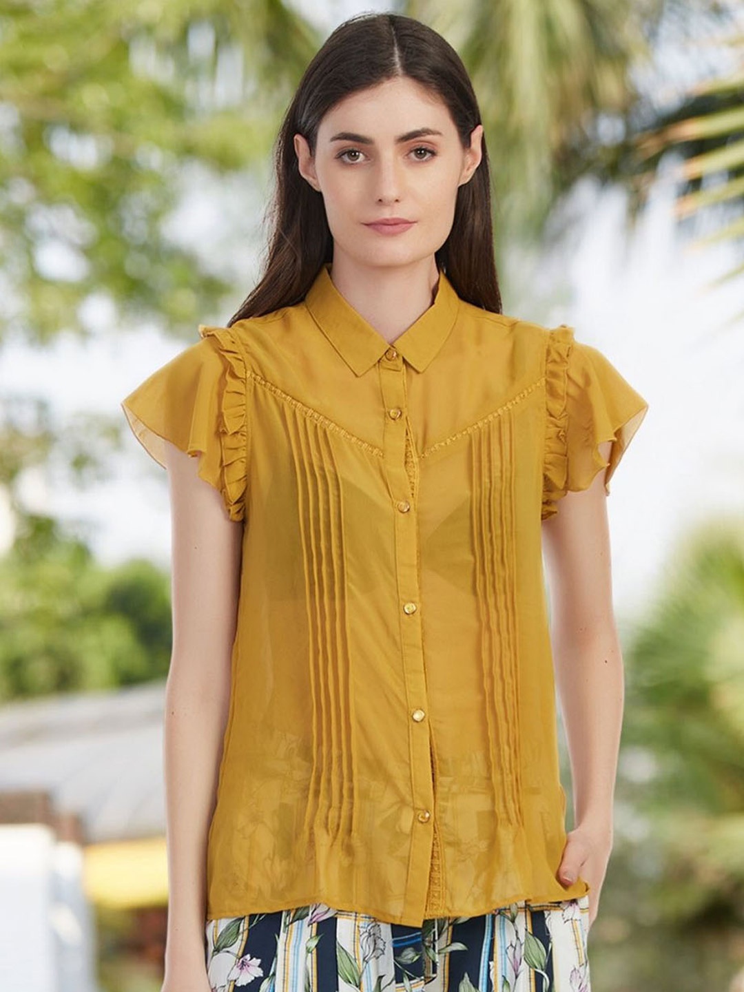 

Moda Elementi Cap Sleeves Shirt Style Top, Yellow