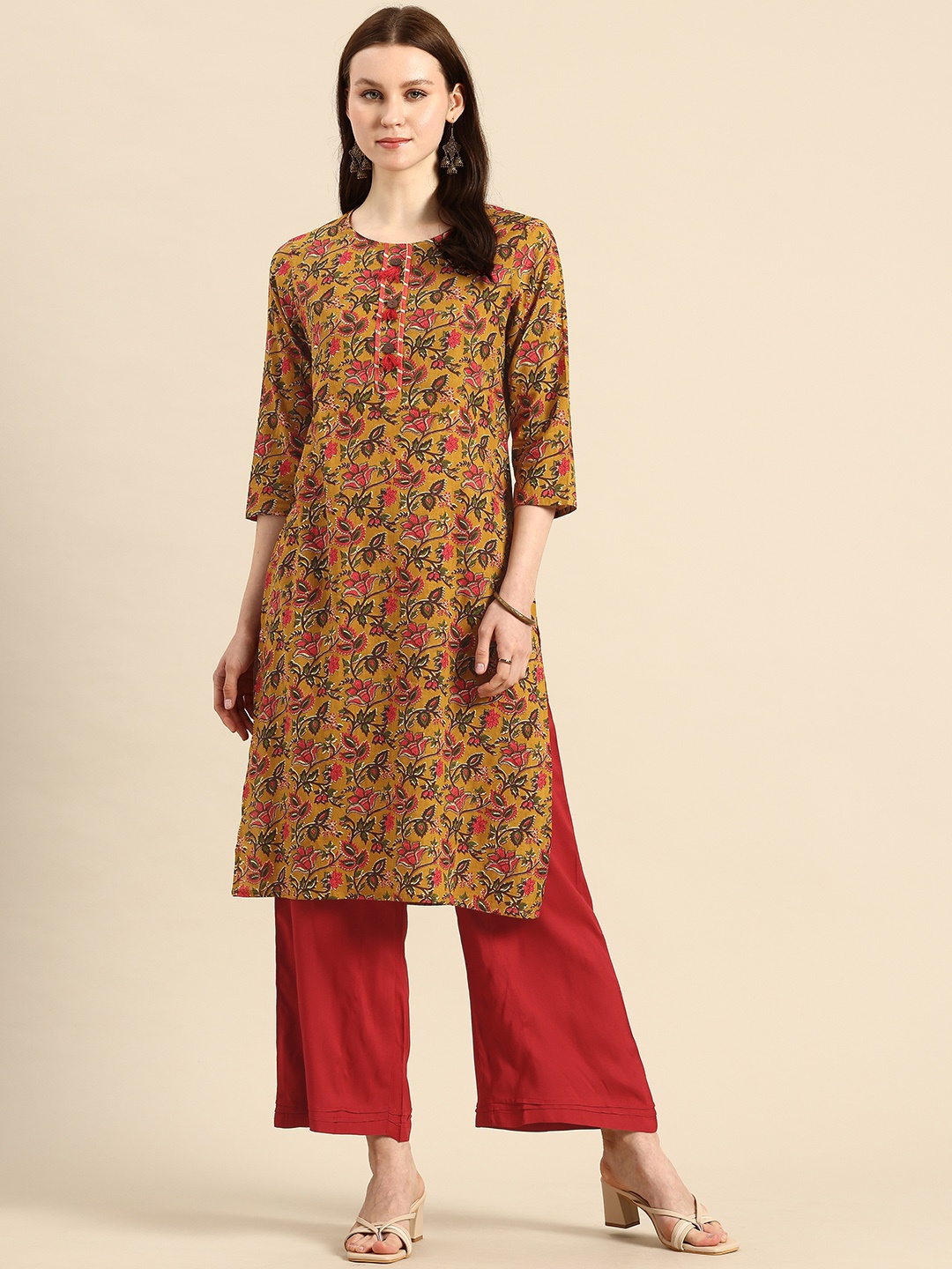 

A&K Women Floral Printed Regular Gotta Patti Kurta with Palazzos, Mustard