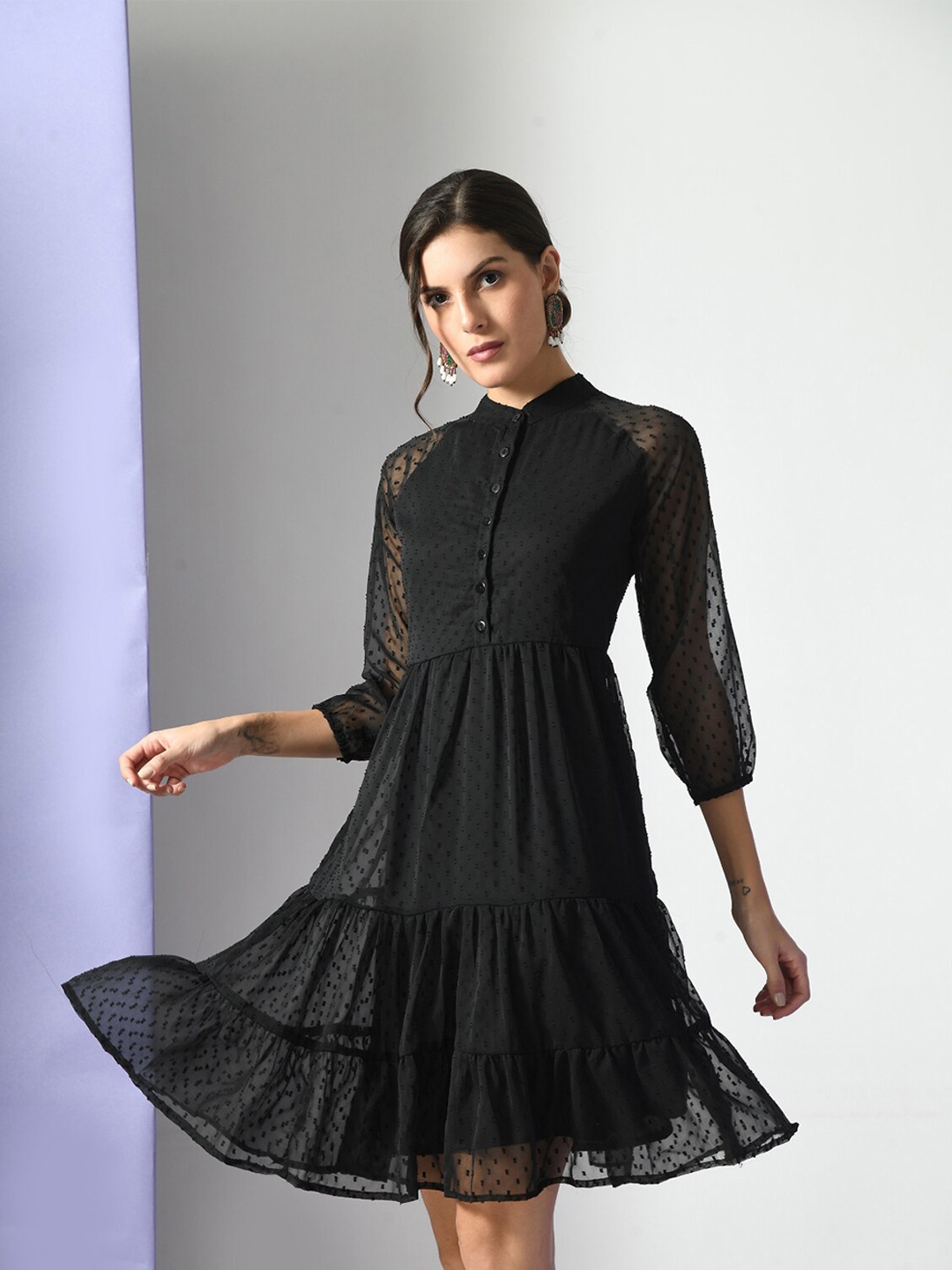 

Moshe Mandarin Collar Puff Sleeve Fit & Flare Dress, Black