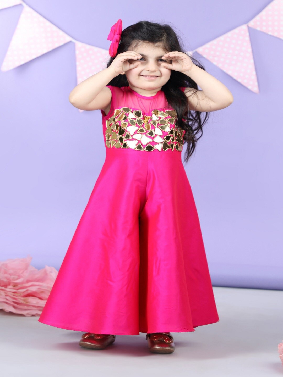 

THE LITTLE CELEBS Girls Silk Basic Jumpsuit with Embellished, Pink