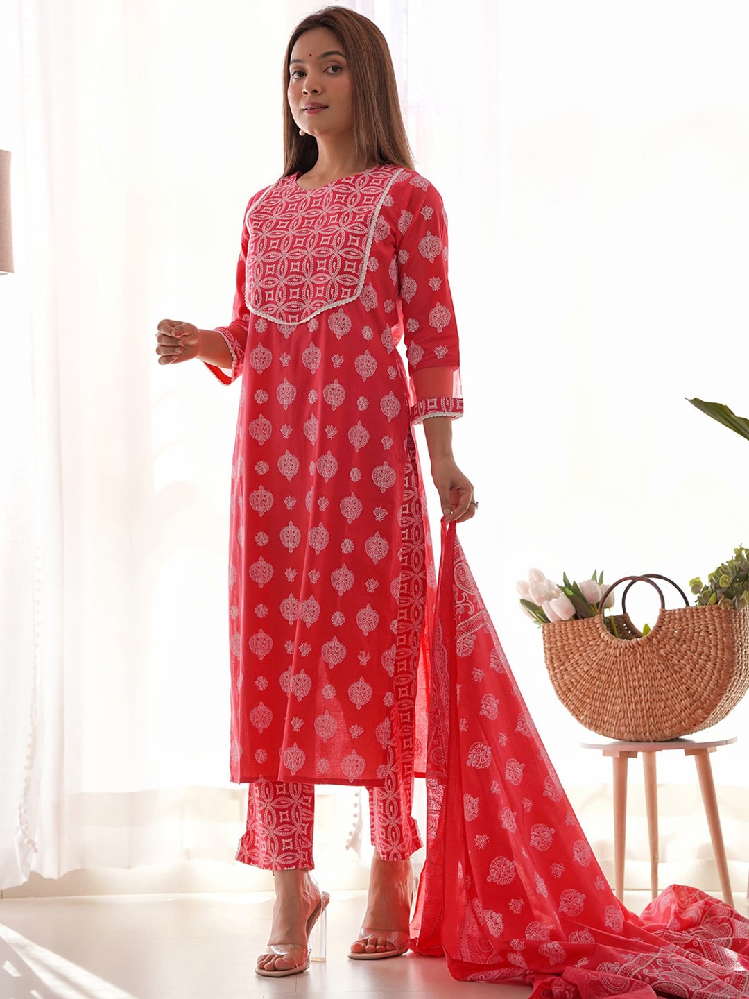 

Indo Era Ethnic Motifs Printed Pure Cotton Straight Kurta With Trousers & Dupatta, Pink