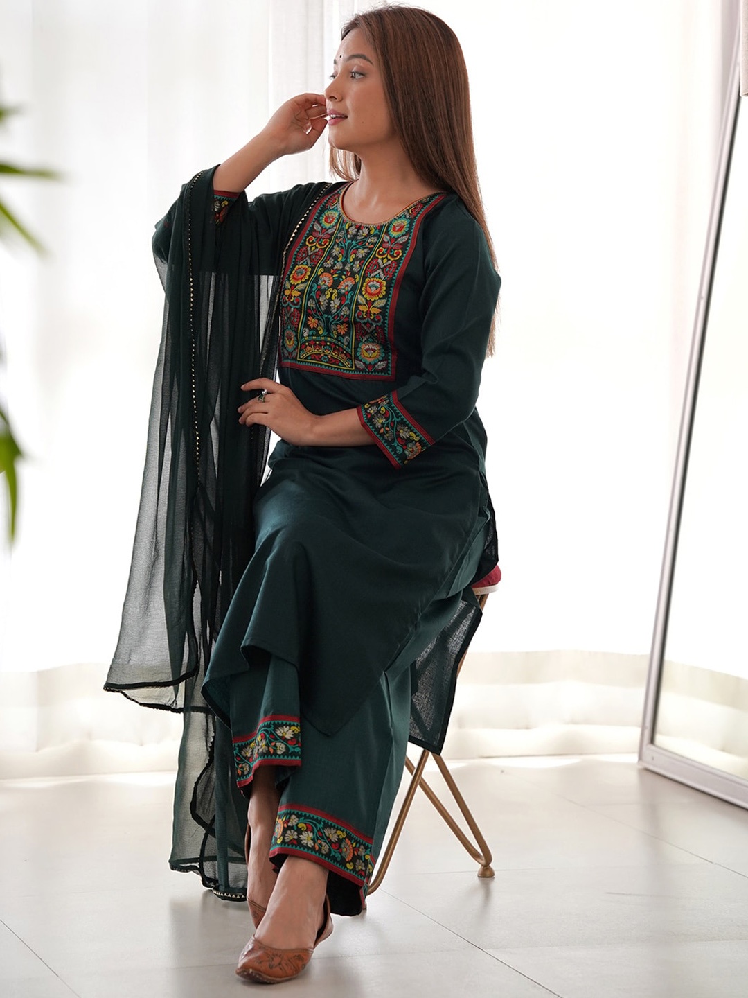 

Indo Era Ethnic Motifs Yoke Design Straight Kurta With Palazzos & Dupatta, Green