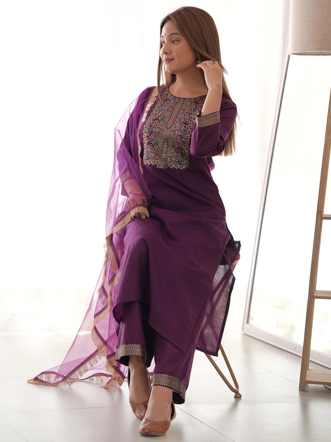 

Indo Era Ethnic Motifs Yoke Design Straight Kurta With Palazzo & Dupatta, Purple