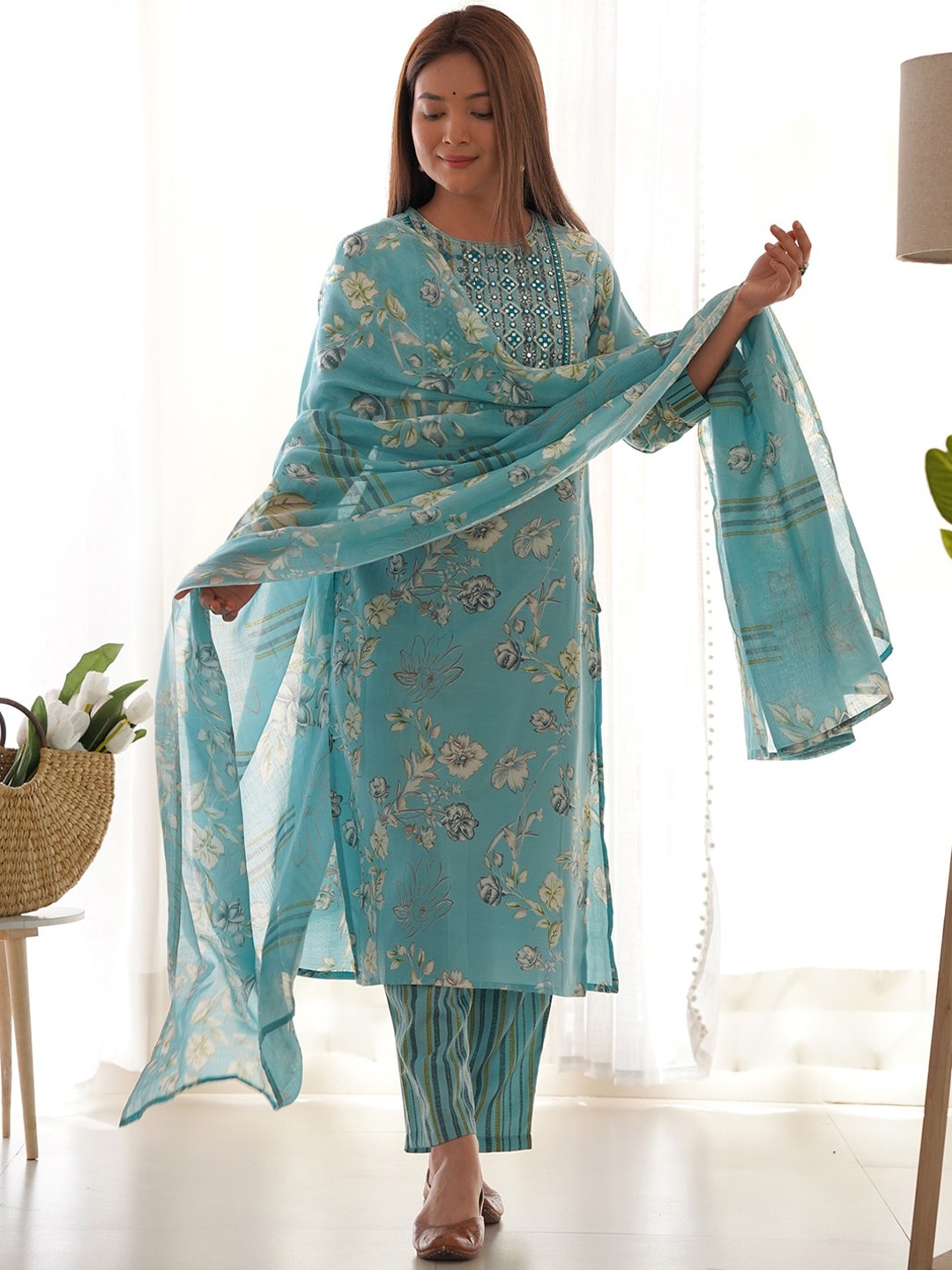 

Indo Era Floral Printed Mirror Work Pure Cotton Kurta with Trousers & Dupatta, Blue