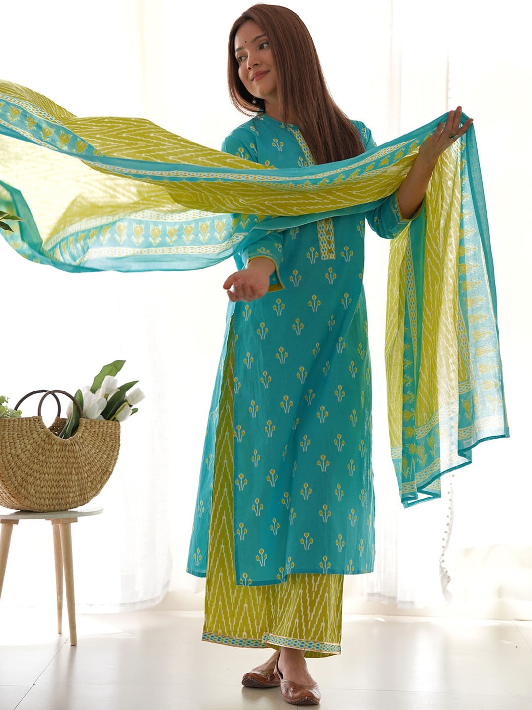 

Indo Era Ethnic Motifs Printed Pure Cotton Straight Kurta With Palazzos & Dupatta, Blue