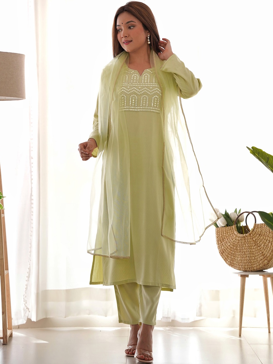 

Indo Era Ethnic Motifs Yoke Design Mirror Work Straight Kurta with Trousers & Dupatta, Green