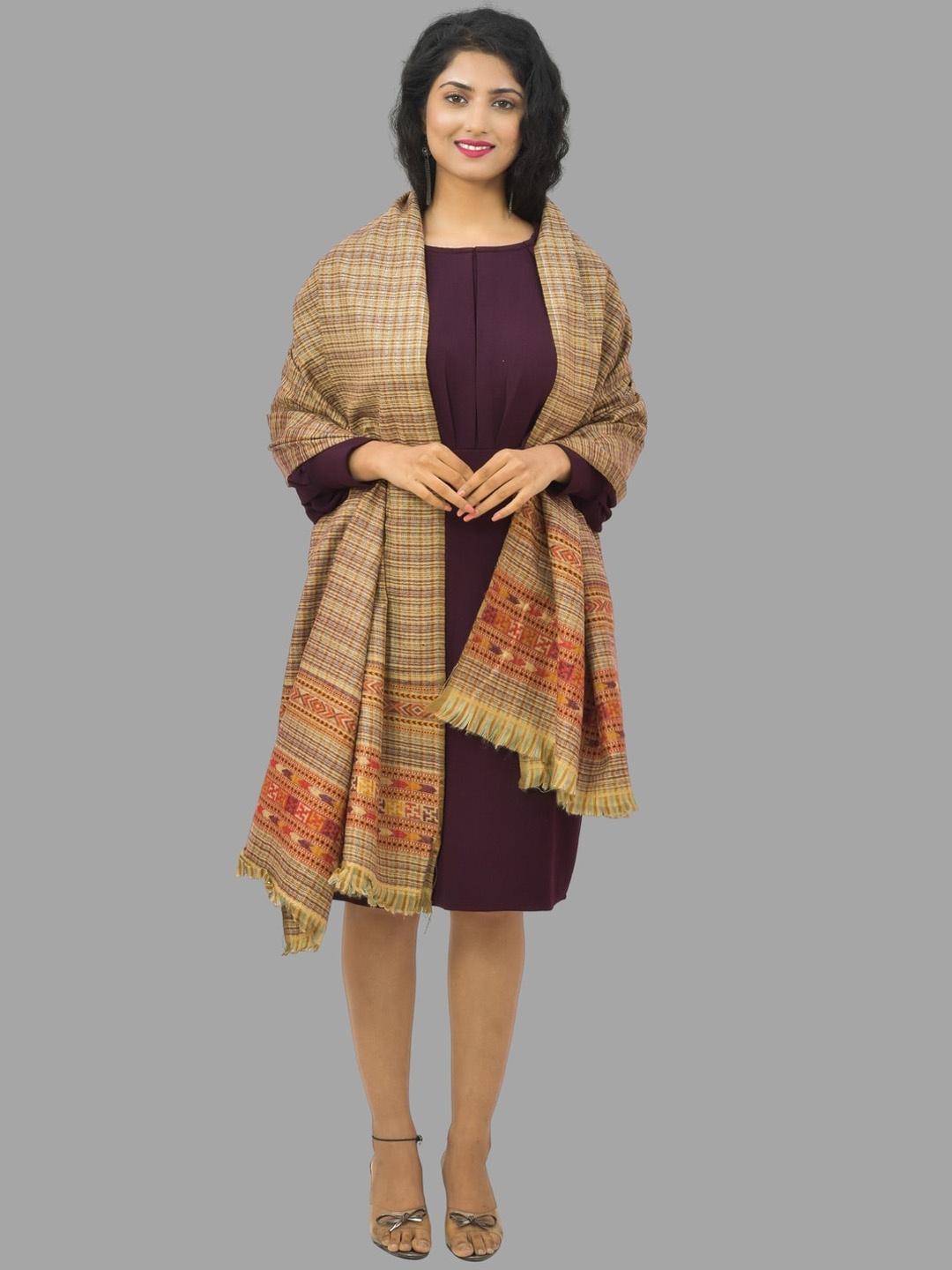 

BAISA Women Checked Woollen Shawl, Camel brown