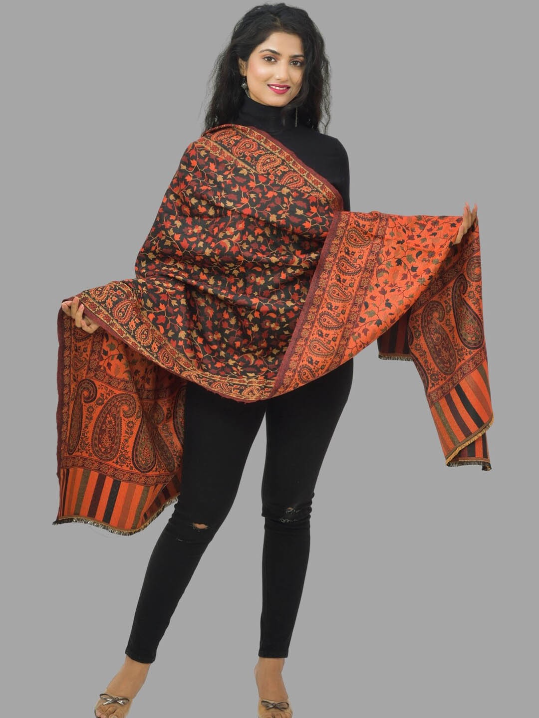 

BAISA Women Floral Woven Design Woollen Shawl, Black