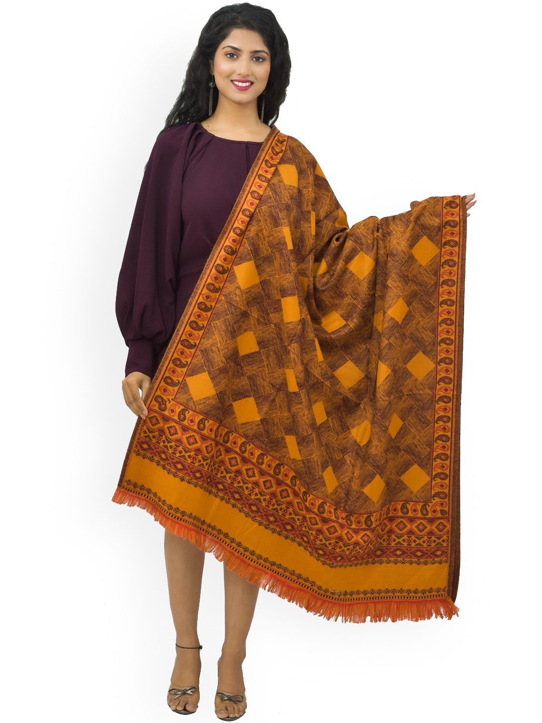 

BAISA Women Geometric Woven Design Woollen Shawl, Mustard