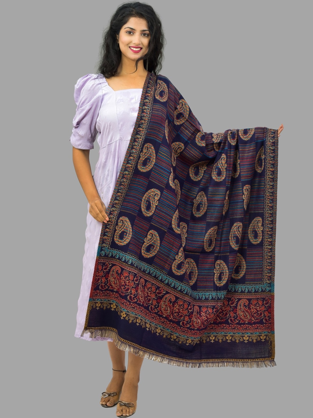 

BAISA Women Paisley Woven Design Woollen Shawl, Navy blue