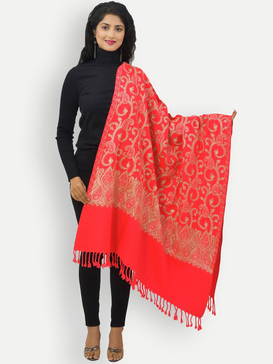 

BAISA Unisex Paisley Embroidered Woollen Shawl, Coral