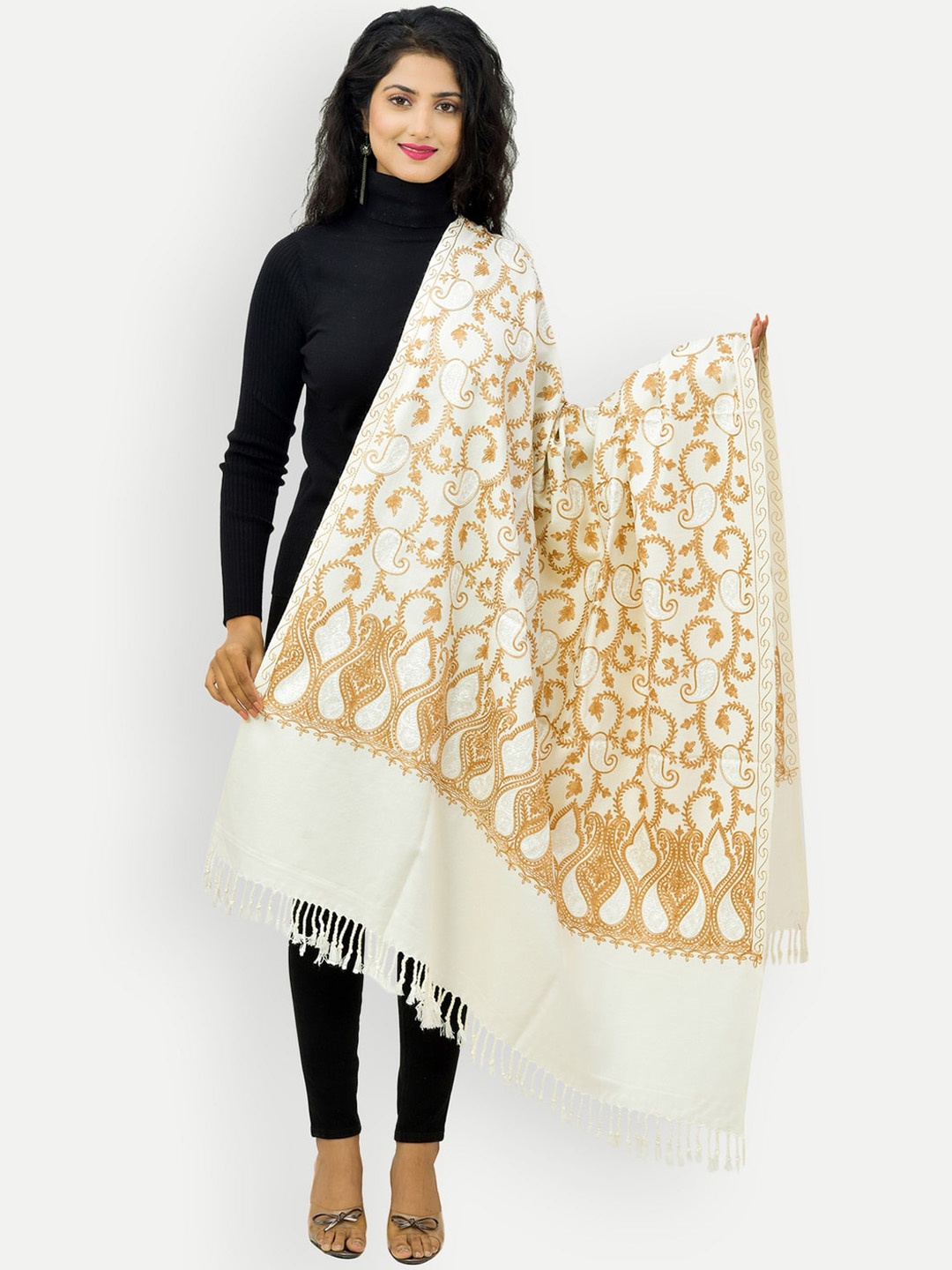 

BAISA Unisex Paisley Embroidered Woollen Shawl, White