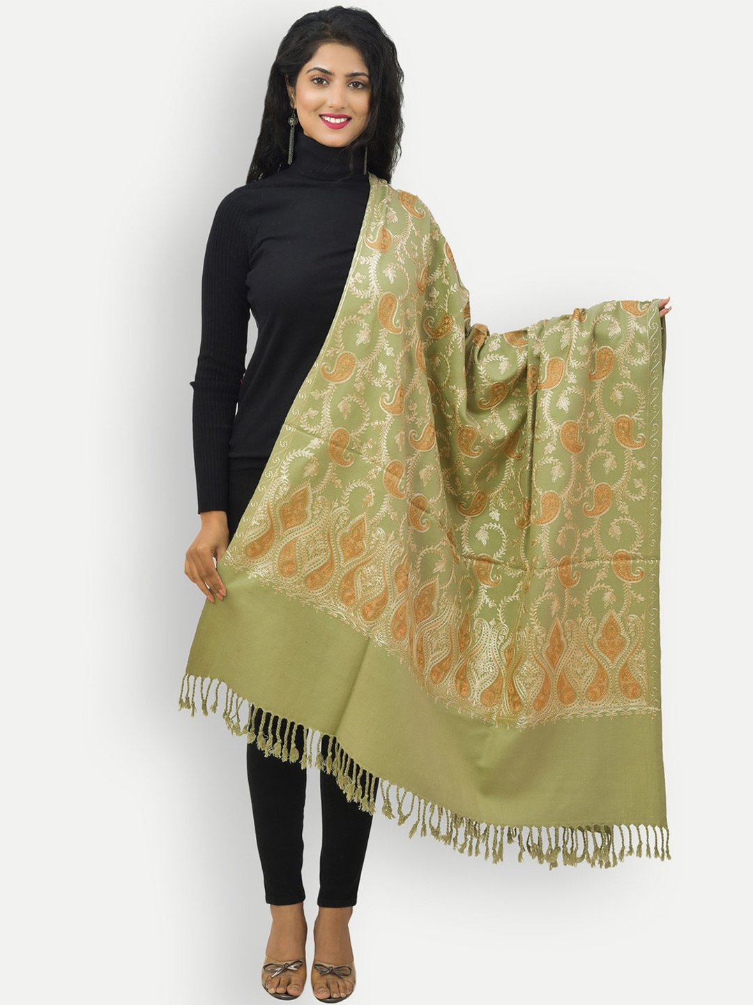 

BAISA Unisex Paisley Woven Design Woollen Shawl, Olive