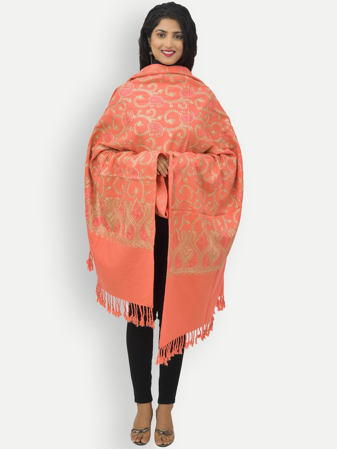 

BAISA Unisex Paisley Embroidered Woollen Shawl, Peach