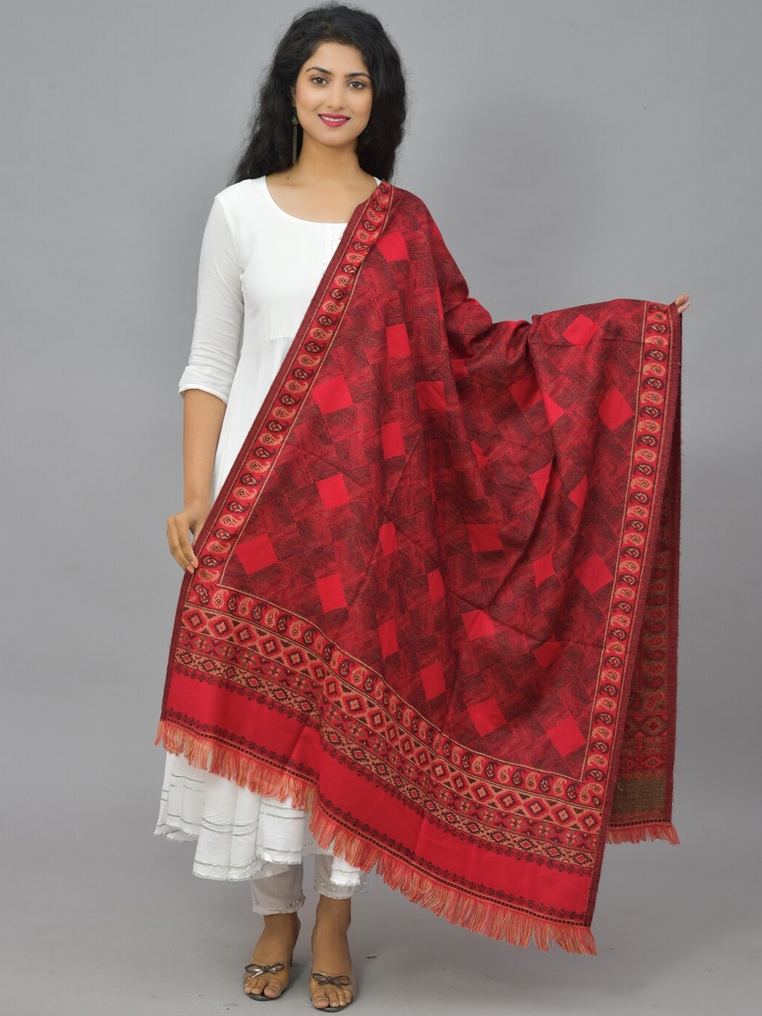 

BAISA Women Geometric Woven Design Woollen Shawl, Pink