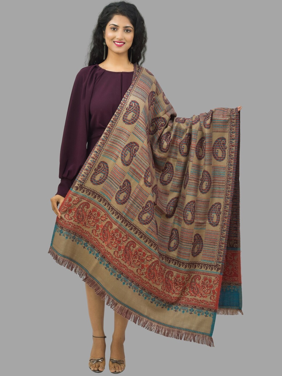 

BAISA Women Paisley Woven Design Woollen Shawl, Camel brown