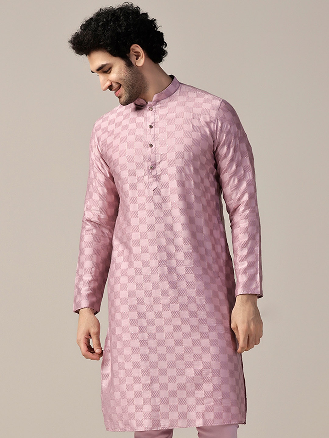 

KISAH Woven Design Sequinned Mandarin Collar Long Sleeves Straight Kurta, Pink