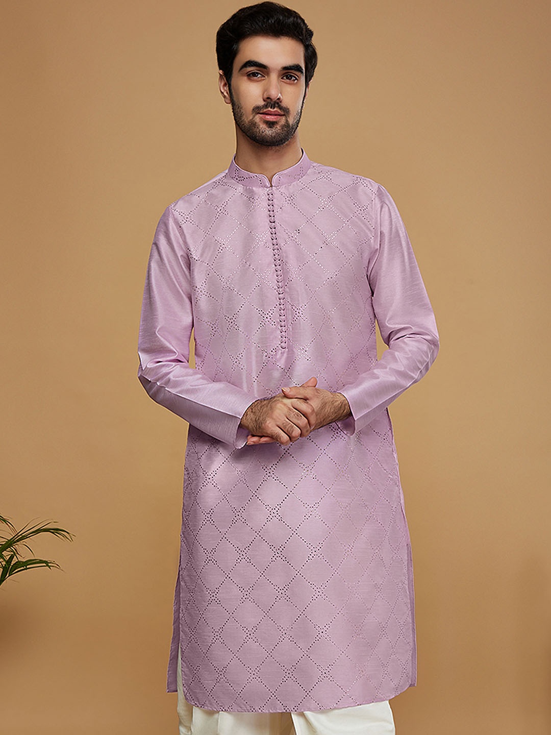 

KISAH Geometric Woven Design Dupion Silk Straight Kurta, Lavender