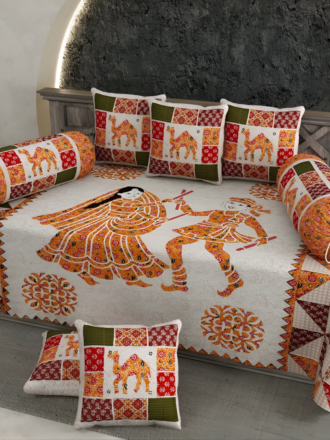 

LIVING ROOTS Grey & Red 8 Pieces Block Printed Pure Cotton Diwan Set