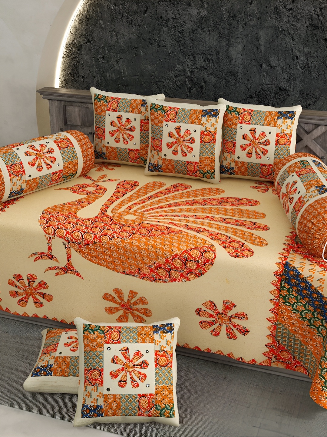 

LIVING ROOTS Orange & Red 8 Pieces Block Printed Pure Cotton Diwan Set