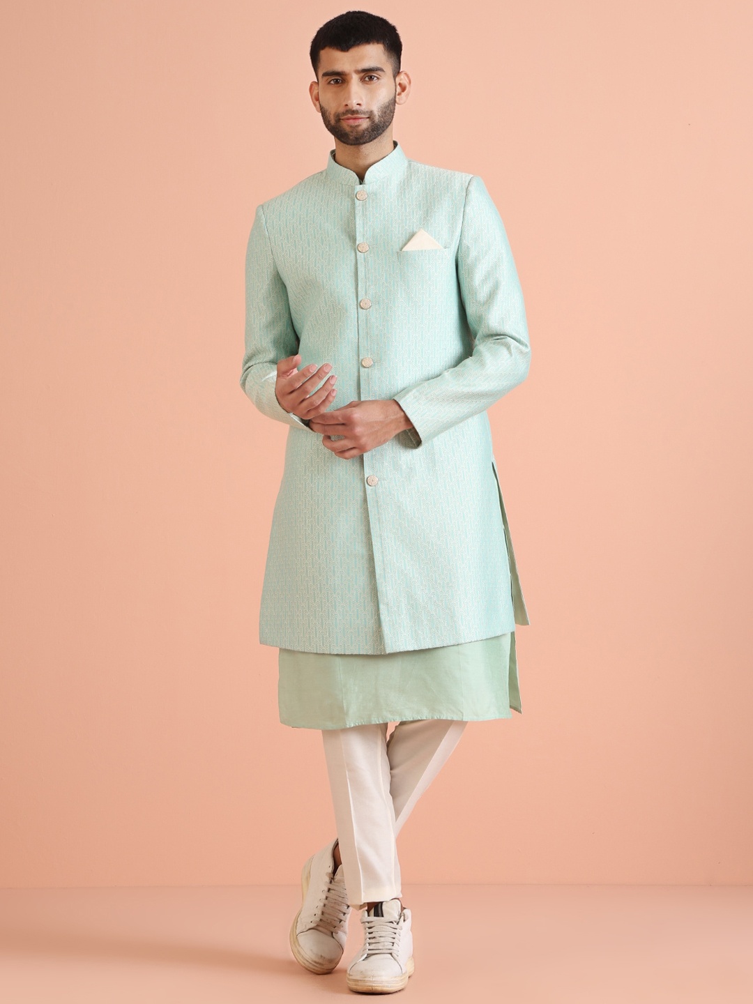 

KISAH Men Self-Design Front Slit Indowestern Sherwani, Green