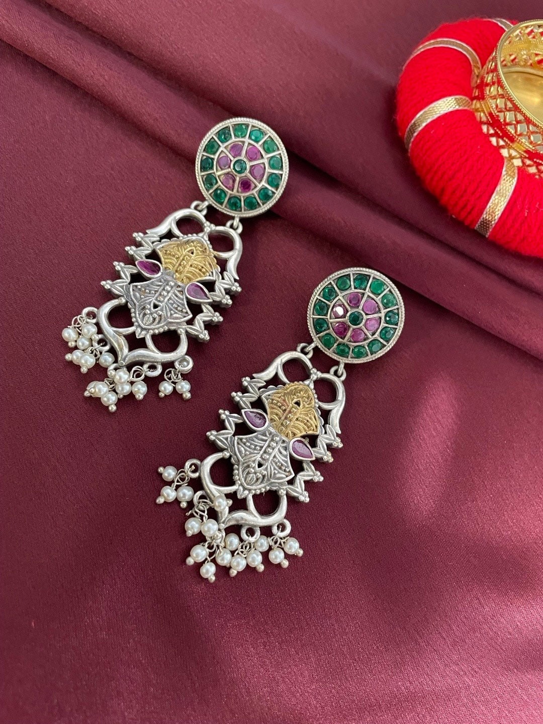 

Digital Dress Room Silver-Plated Classic Beaded Enamel Drop Earrings
