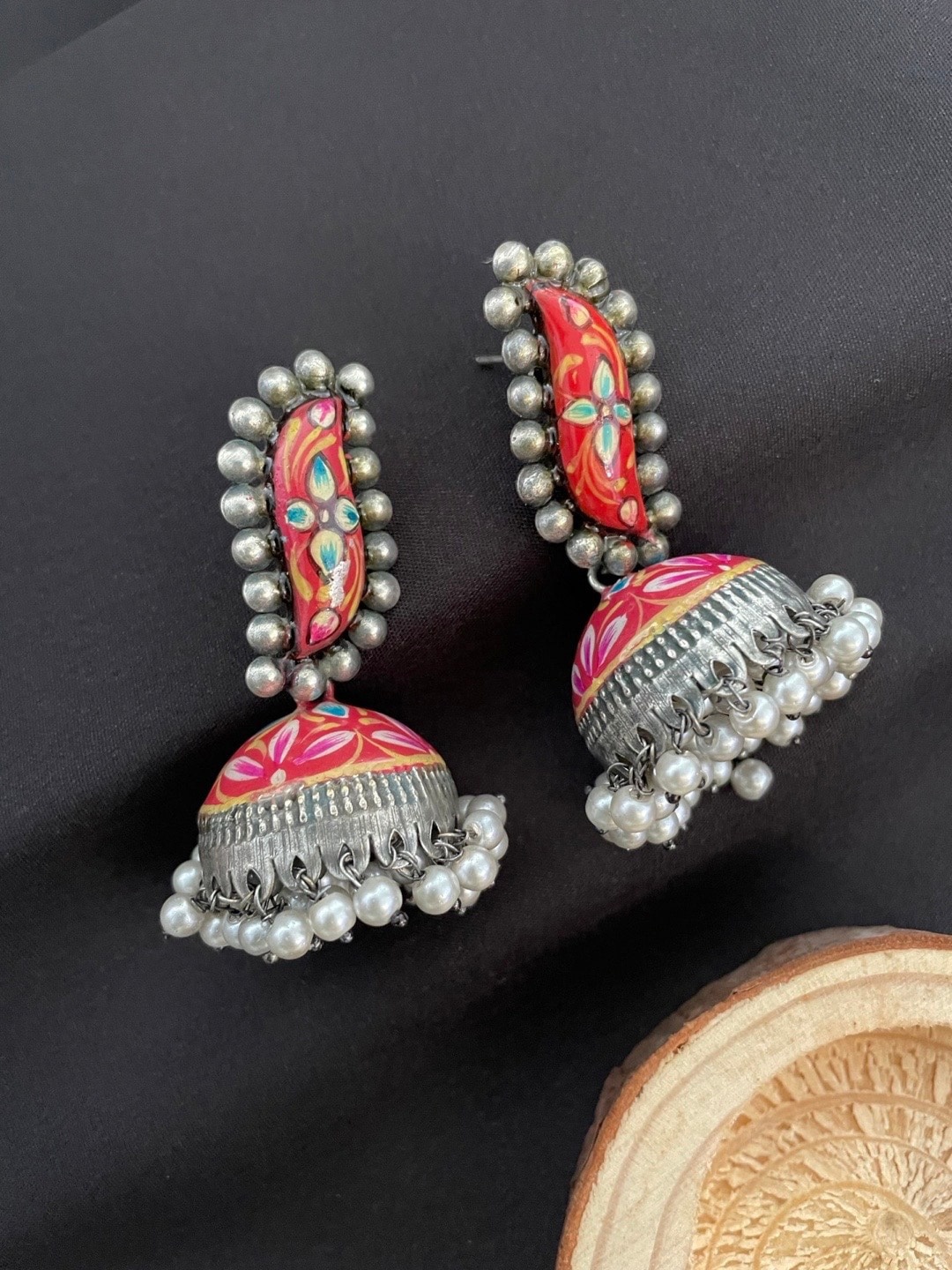 

Digital Dress Room Silver-Plated Floral Beaded Jhumkas