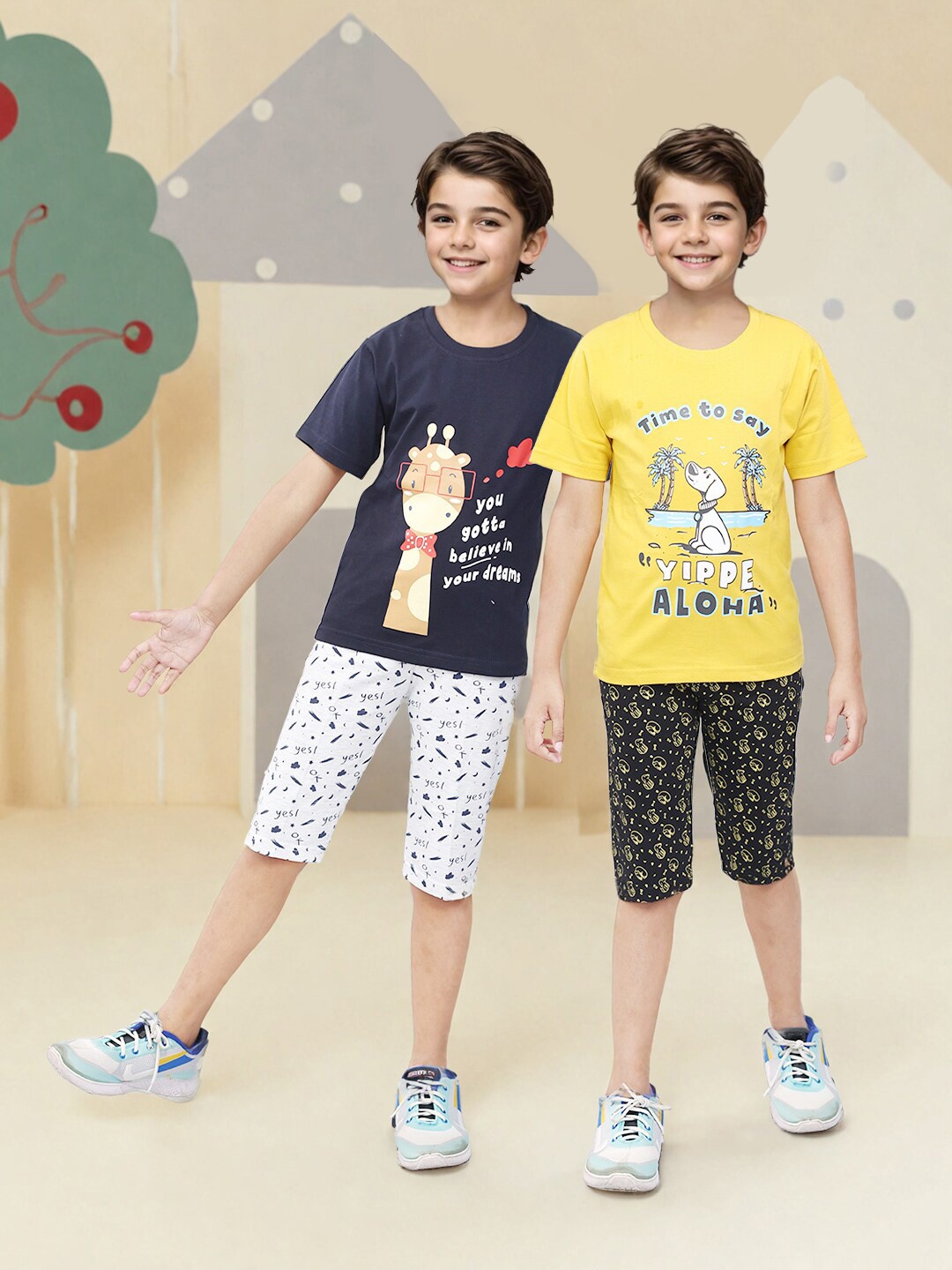 

Toonyport Boys Pack of 2 Printed Pure Cotton T-shirt with Capris, Yellow