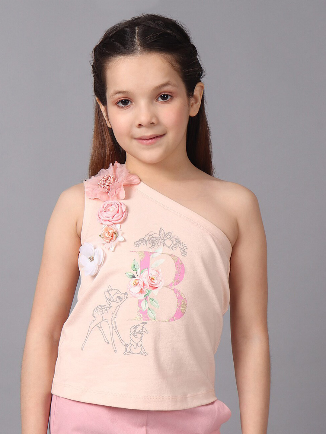 

One Friday Floral Print One Shoulder Sleeveless Cotton Crop Top, White