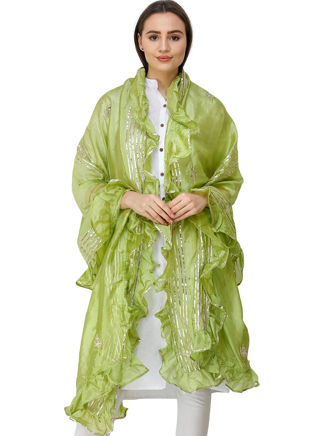 

Exotic India Wild Lime Art Silk Dupatta with Gota Patches and Frill Border, Lime green