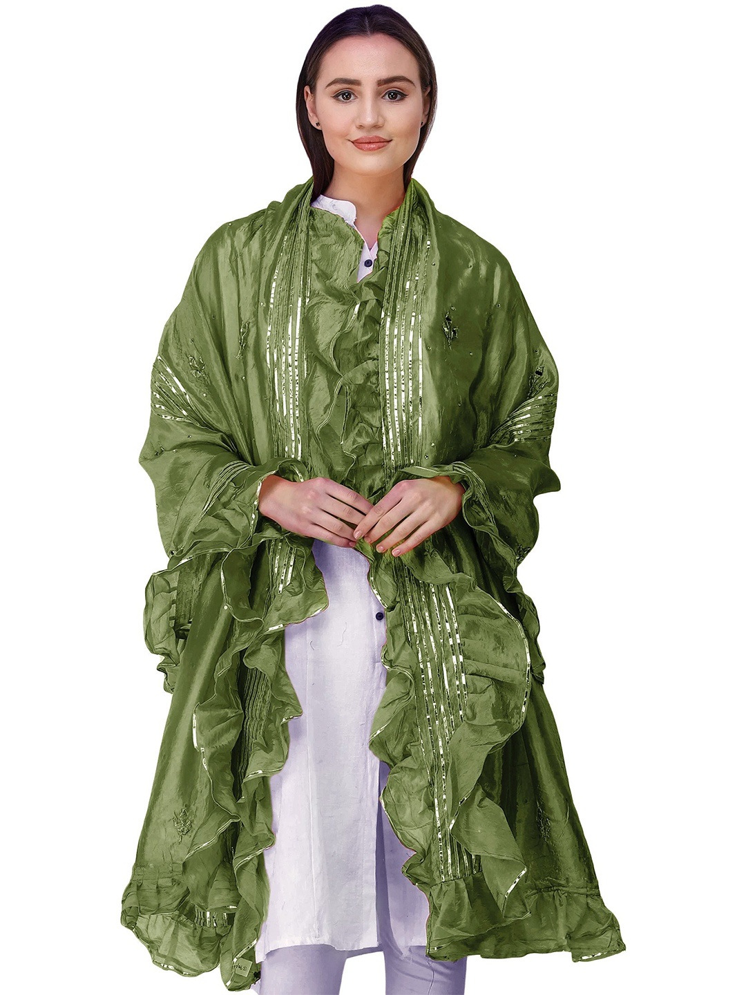 

Exotic India Calla Green Art Silk Dupatta with Gota Patches and Frill Border