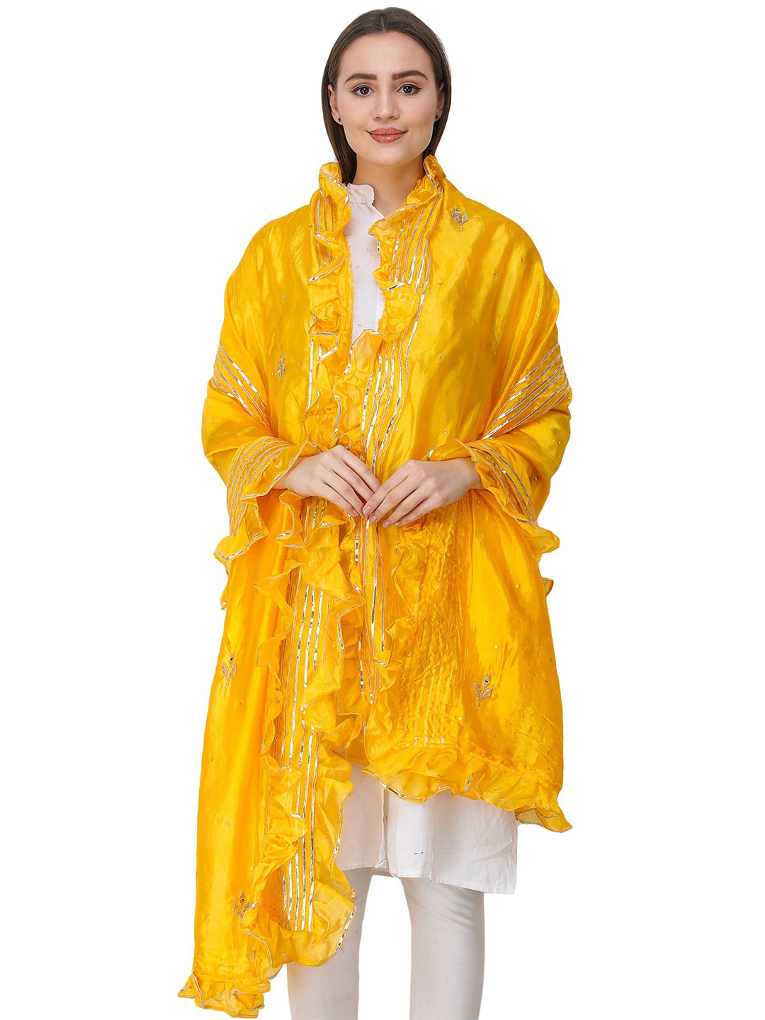 

Exotic India Zinnia Art Silk Dupatta with Gota Patches and Frill Border, Yellow