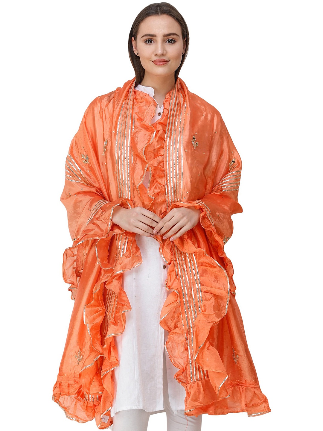 

Exotic India Canyon Sunset Art Silk Dupatta with Gota Patches and Frill Border, Orange