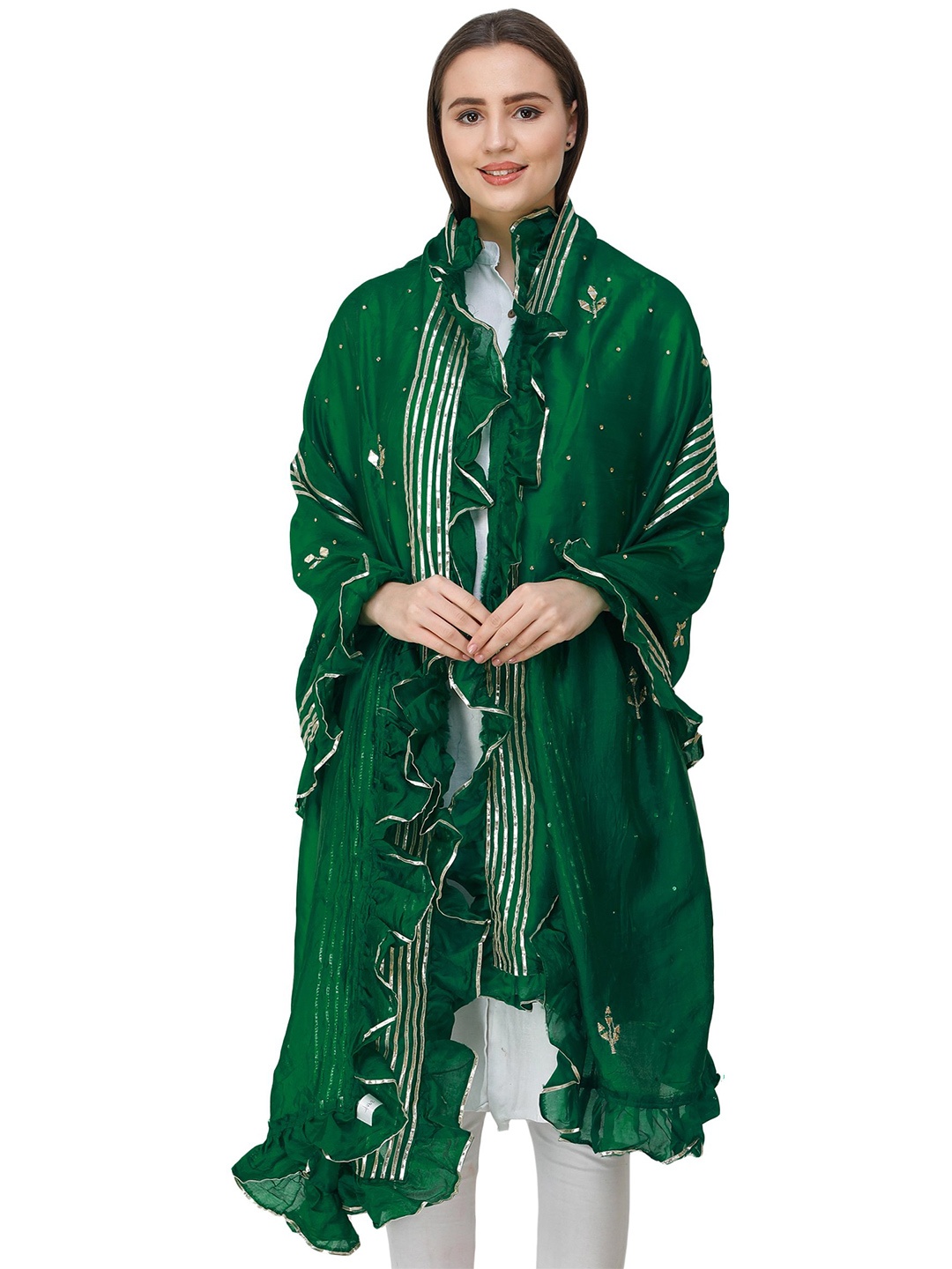 

Exotic India Fairway Art Silk Dupatta with Gota Patches and Frill Border, Green