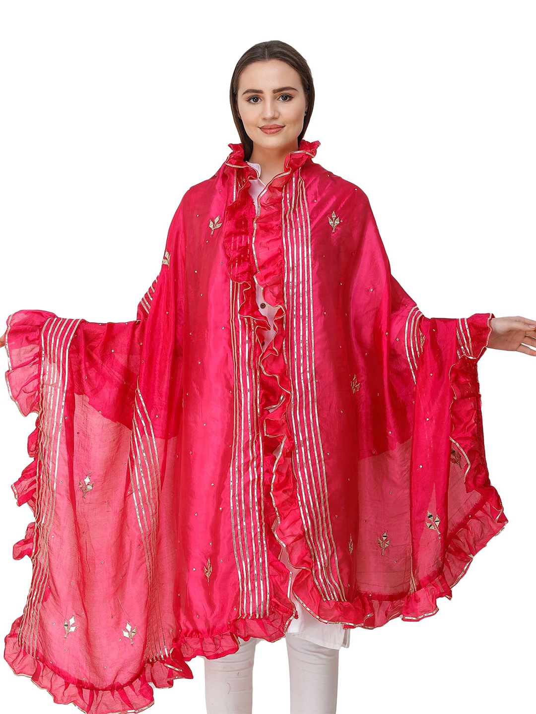 

Exotic India Bright Rose Art Silk Dupatta with Gota Patches and Frill Border